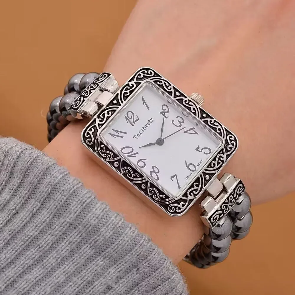 Terahertz Beaded Japanese Movement Stretch Bracelet Square Shape Watch New